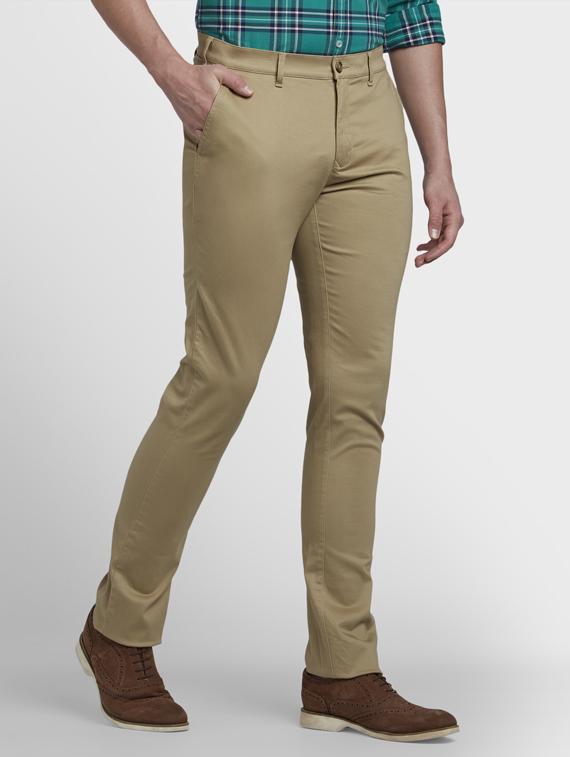khaki solid flat front casual trouser - 17605060 - Standard Image - 1