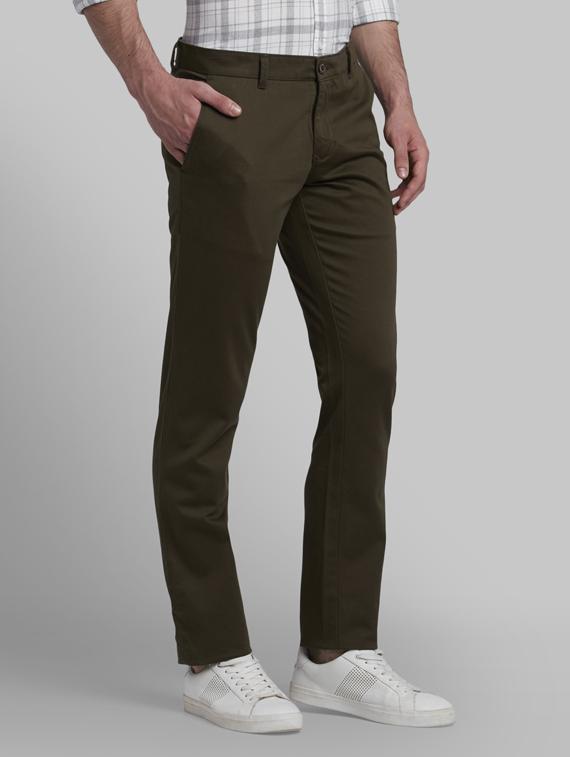 olive green solid flat front casual trouser - 17605072 - Standard Image - 1