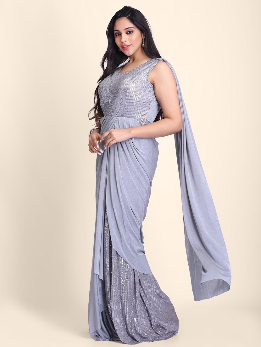 women's solid with work pearl grey colored saree - 17607780 -  Standard Image - 1