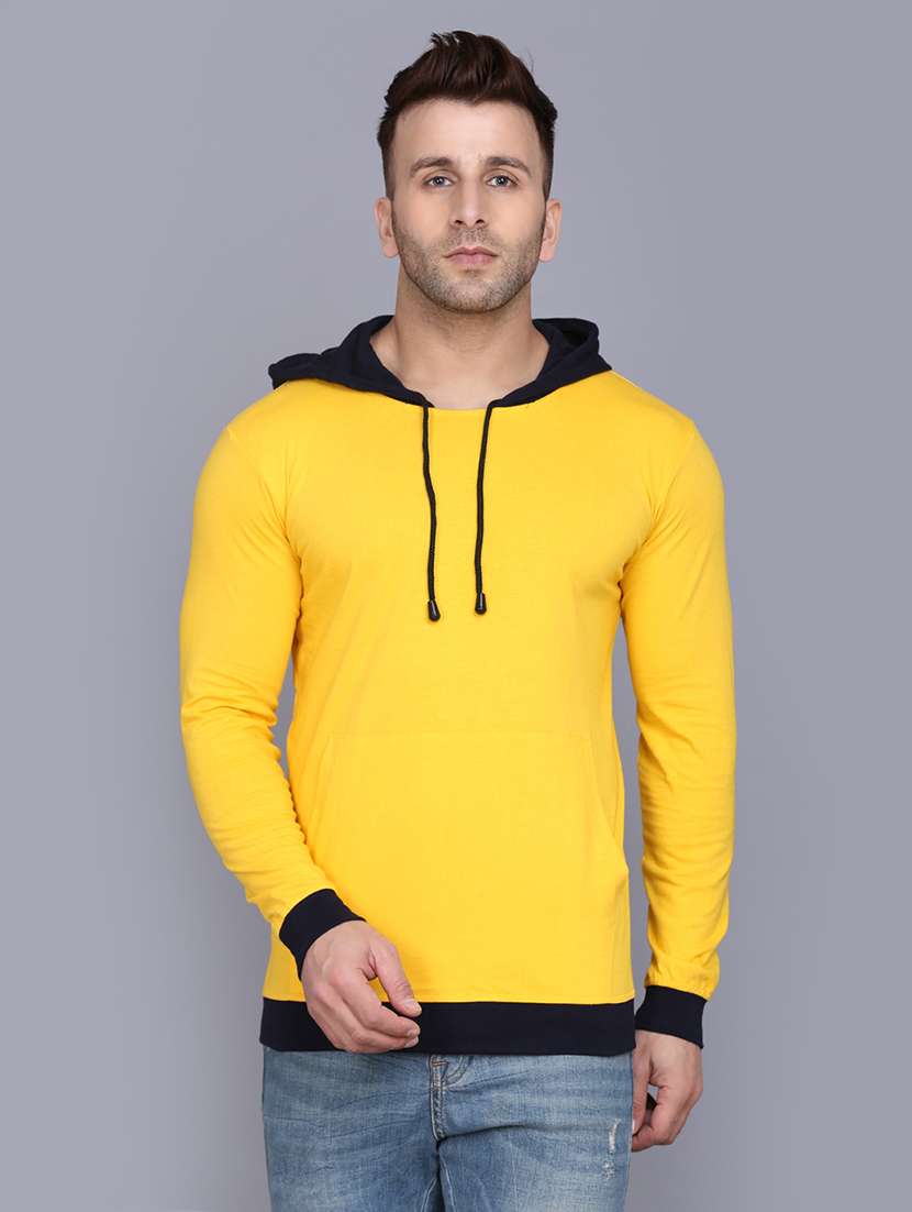 yellow color block cut & sew hooded t-shirt