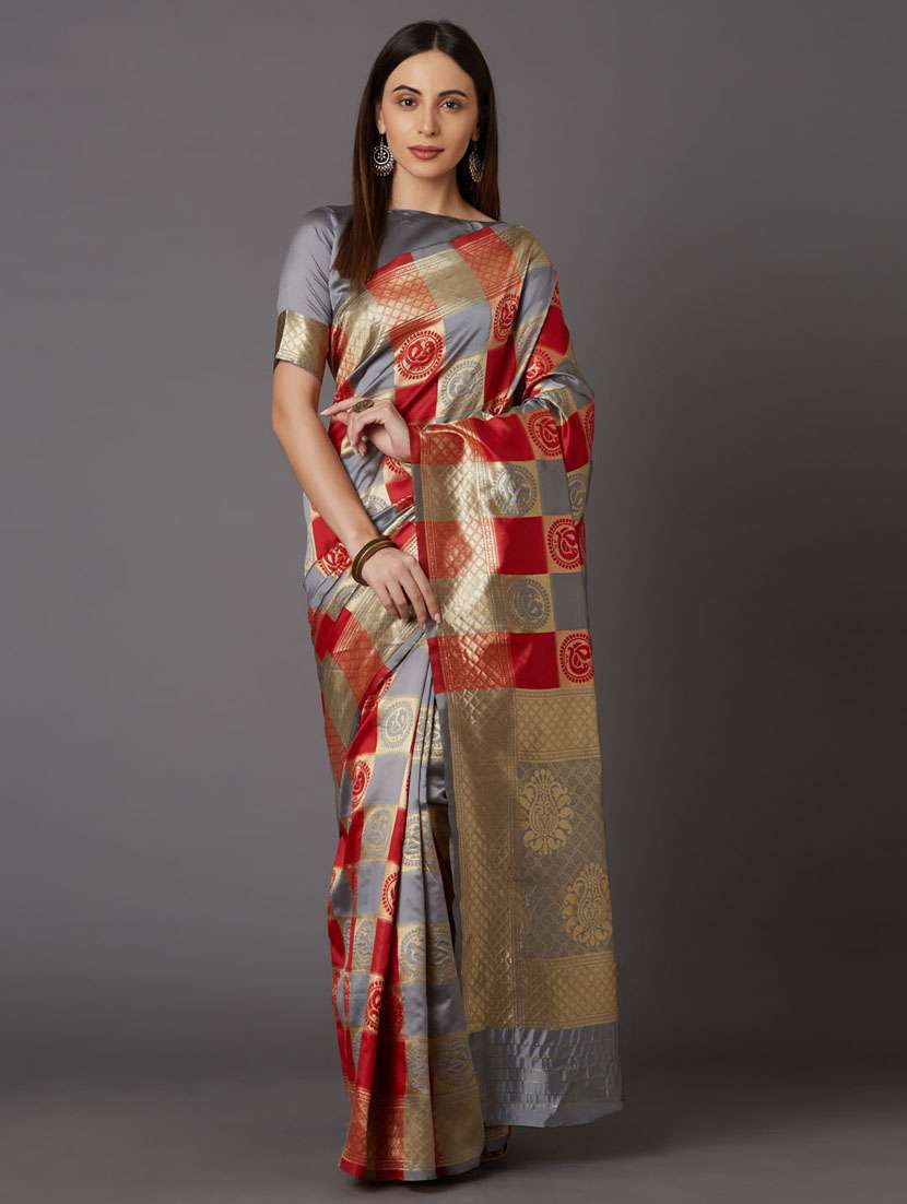 women's checks grey colored saree with blouse