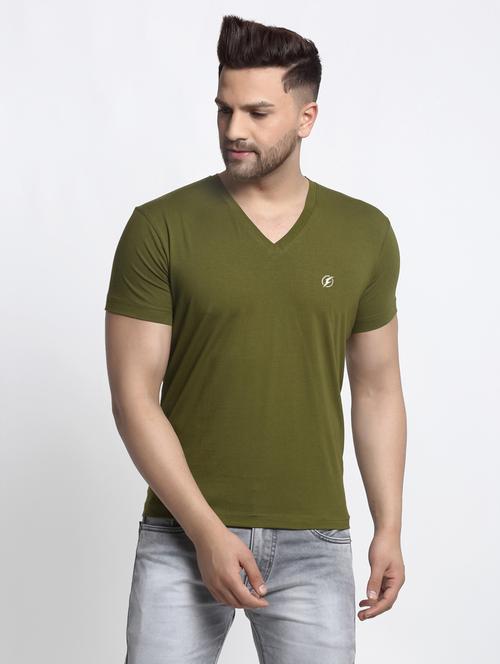 men olive green slim fit plain t-shirt - 17615130 - Standard Image - 0