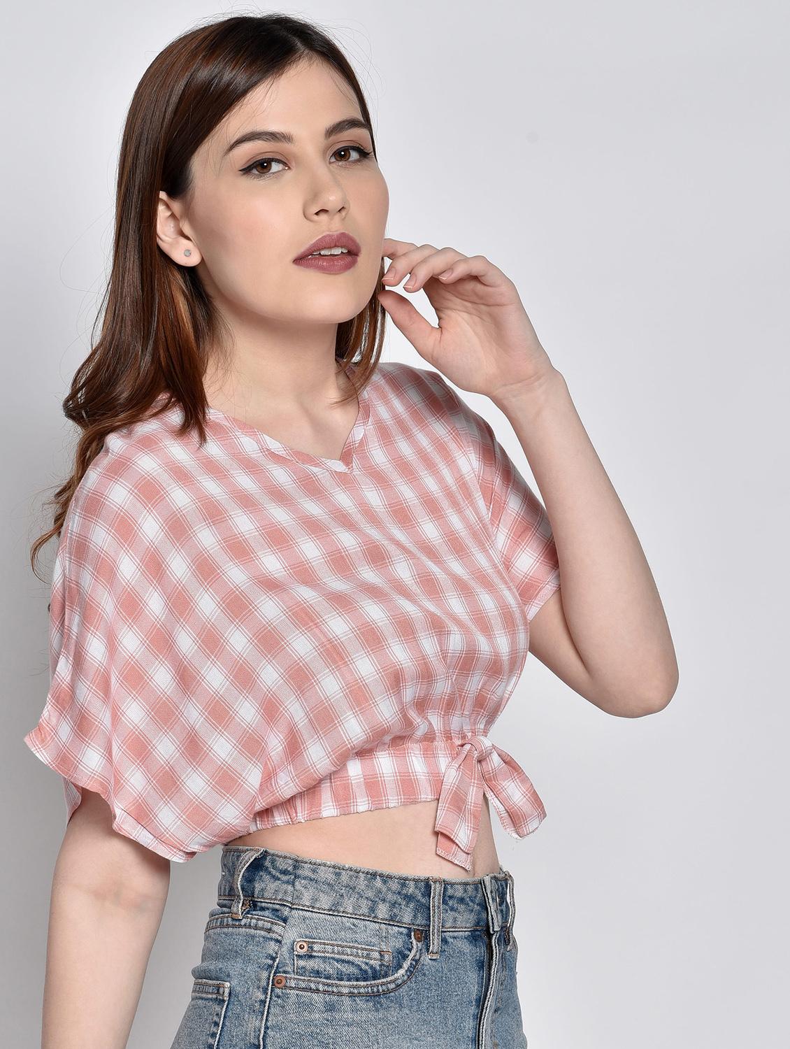 tie front checkered crop top - 17619890 - Standard Image - 1