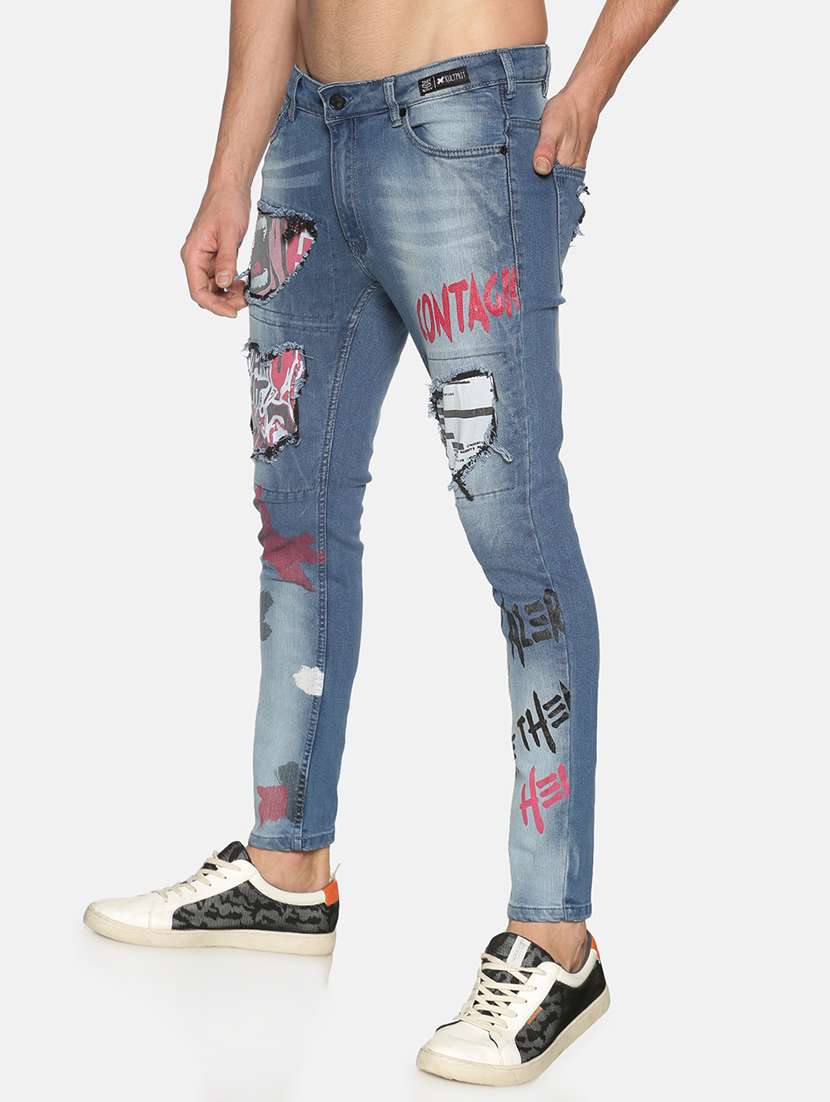 blue heavy washed printed denim jeans - 17619941 - Standard Image - 1