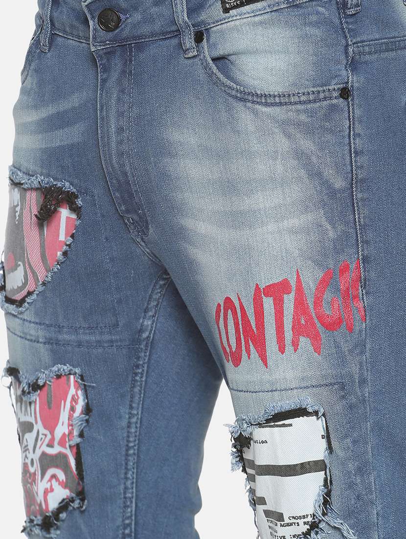 blue heavy washed printed denim jeans - 17619941 - Standard Image - 4