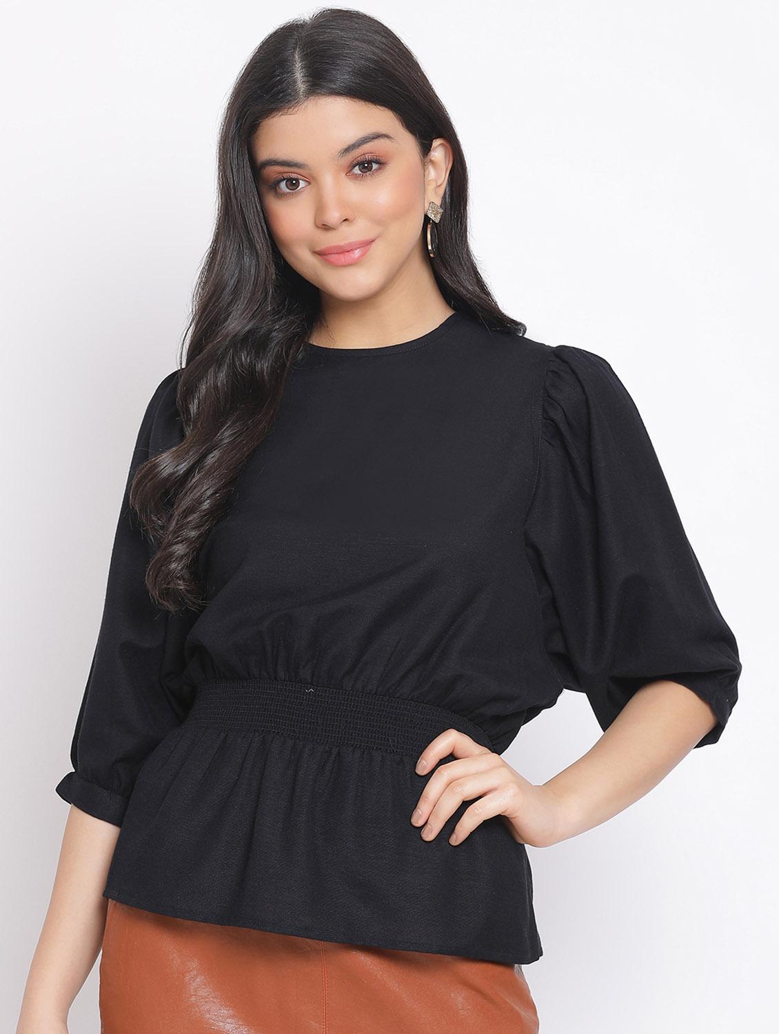 smocked waist solid top - 17620649 - Zoom Image - 0