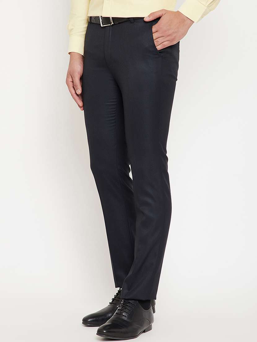 navy blue solid flat front formal trousers - 17623965 - Standard Image - 1