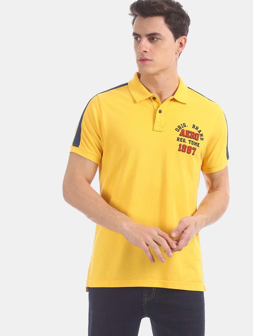 yellow self design polo t-shirt 