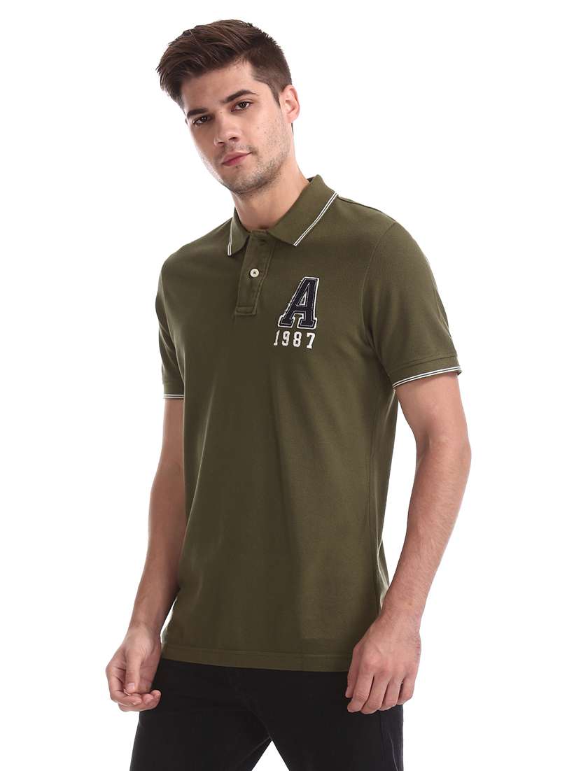 olive green solid polo t-shirt  - 17625737 -  Standard Image - 1