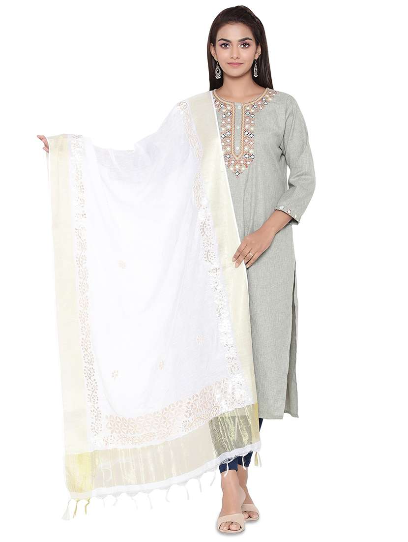 white floral woven dupatta