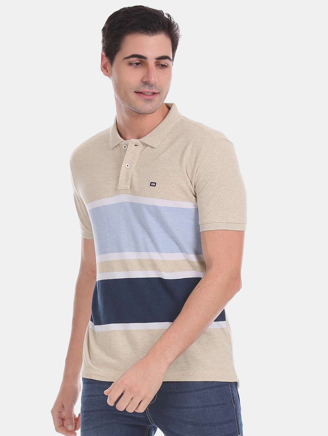beige striped polo t-shirt