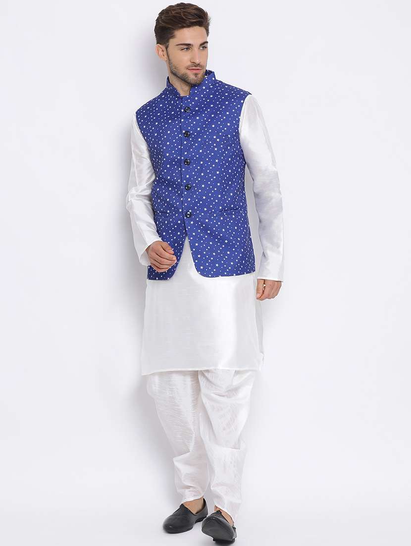 white dhoti kurta set with blue printed nehru jacket 