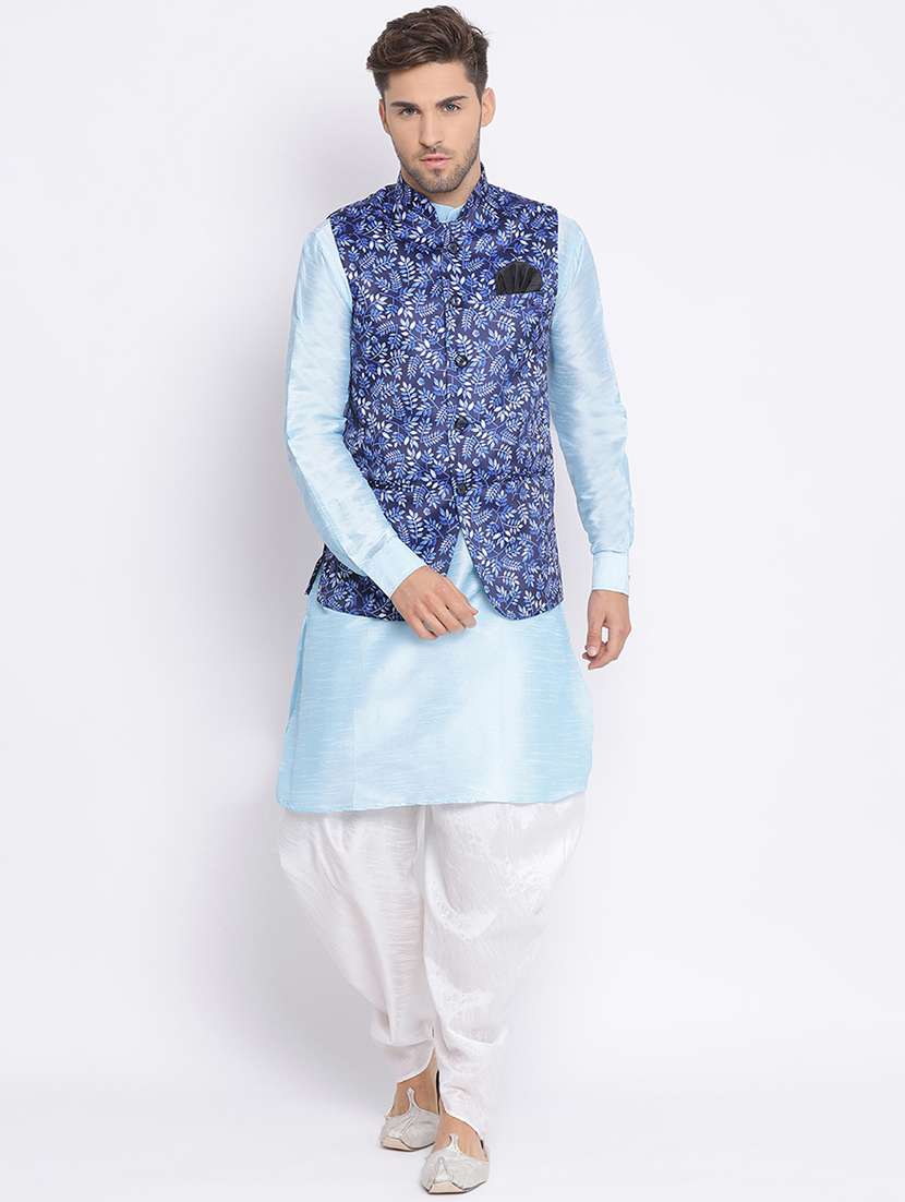 blue dhoti kurta set with blue printed nehru jacket 