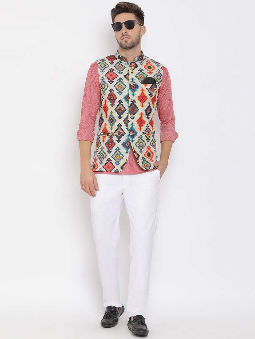 red solid silk blend kurta pant set with printed nehru jacket - 17633373 -  Standard Image - 4