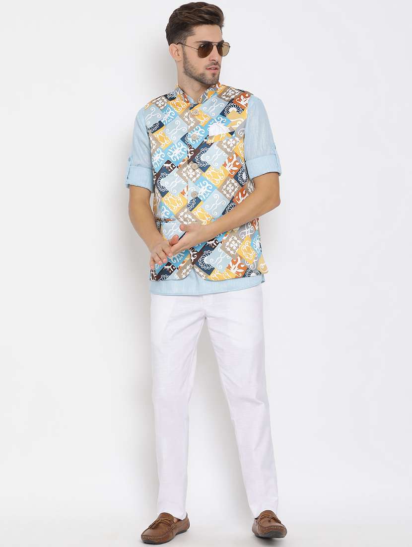 blue solid silk blend kurta pant set with printed nehru jacket - 17633375 - Standard Image - 4