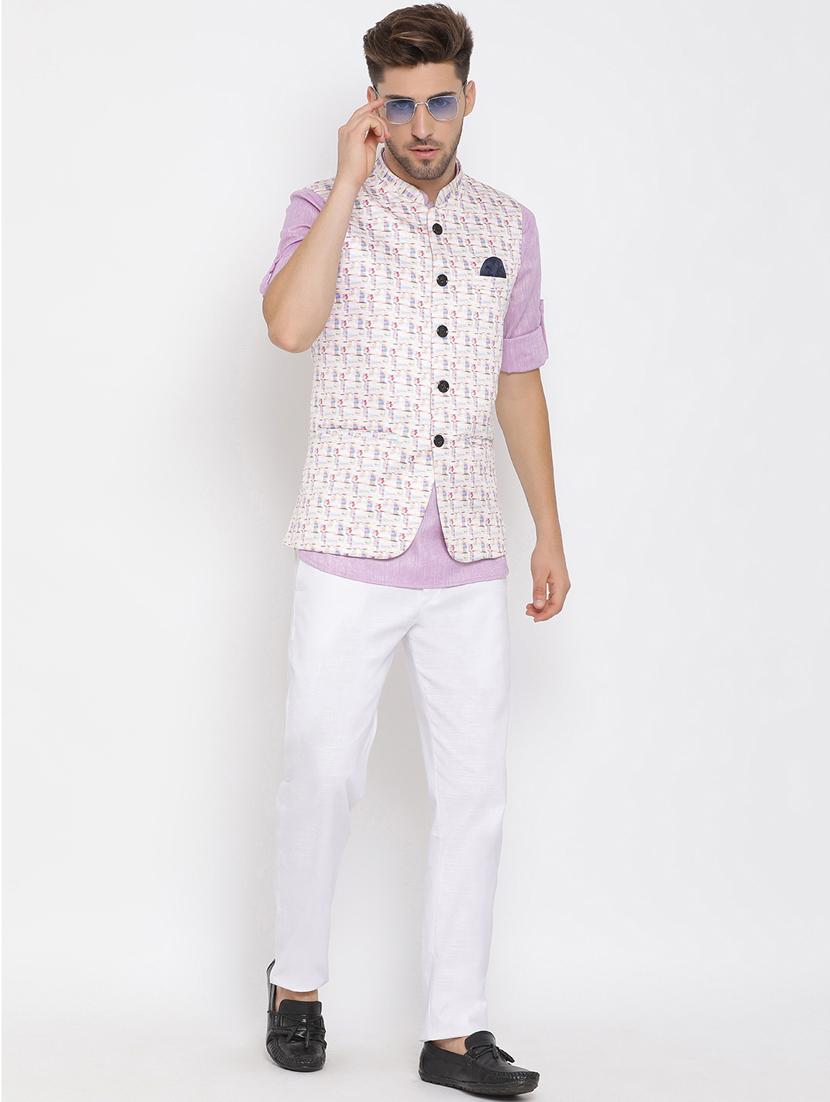 purple solid silk blend kurta pant set with printed nehru jacket - 17633377 - Standard Image - 4