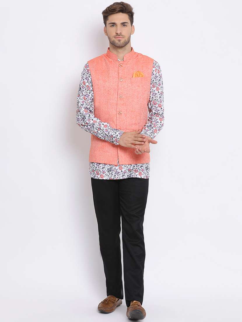 white printed silk blend kurta pant set with peach solid nehru jacket