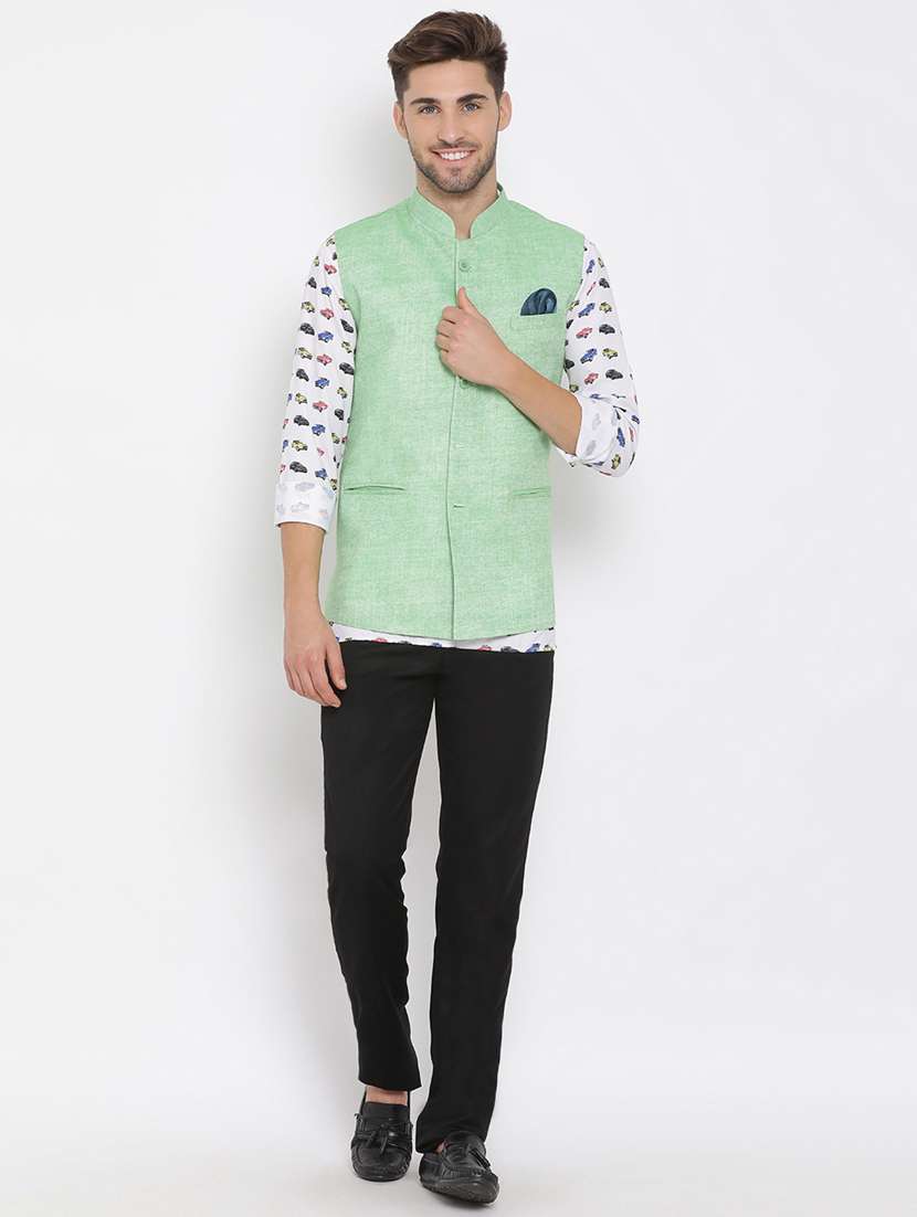 white printed silk blend kurta pant set with green solid nehru jacket