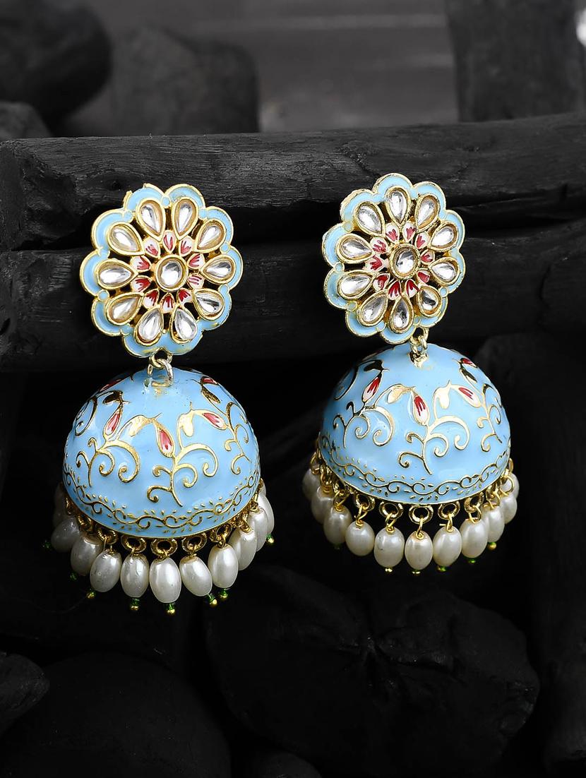 sky blue gold enameling kundan jhumki earrings - 17635699 - Standard Image - 1