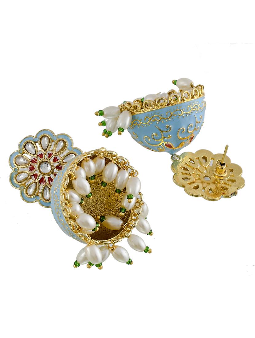 sky blue gold enameling kundan jhumki earrings - 17635699 - Standard Image - 4