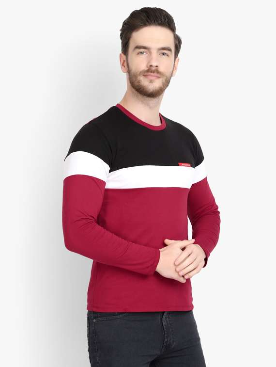 maroon color block cut & sew t-shirt - 17643227 -  Standard Image - 1