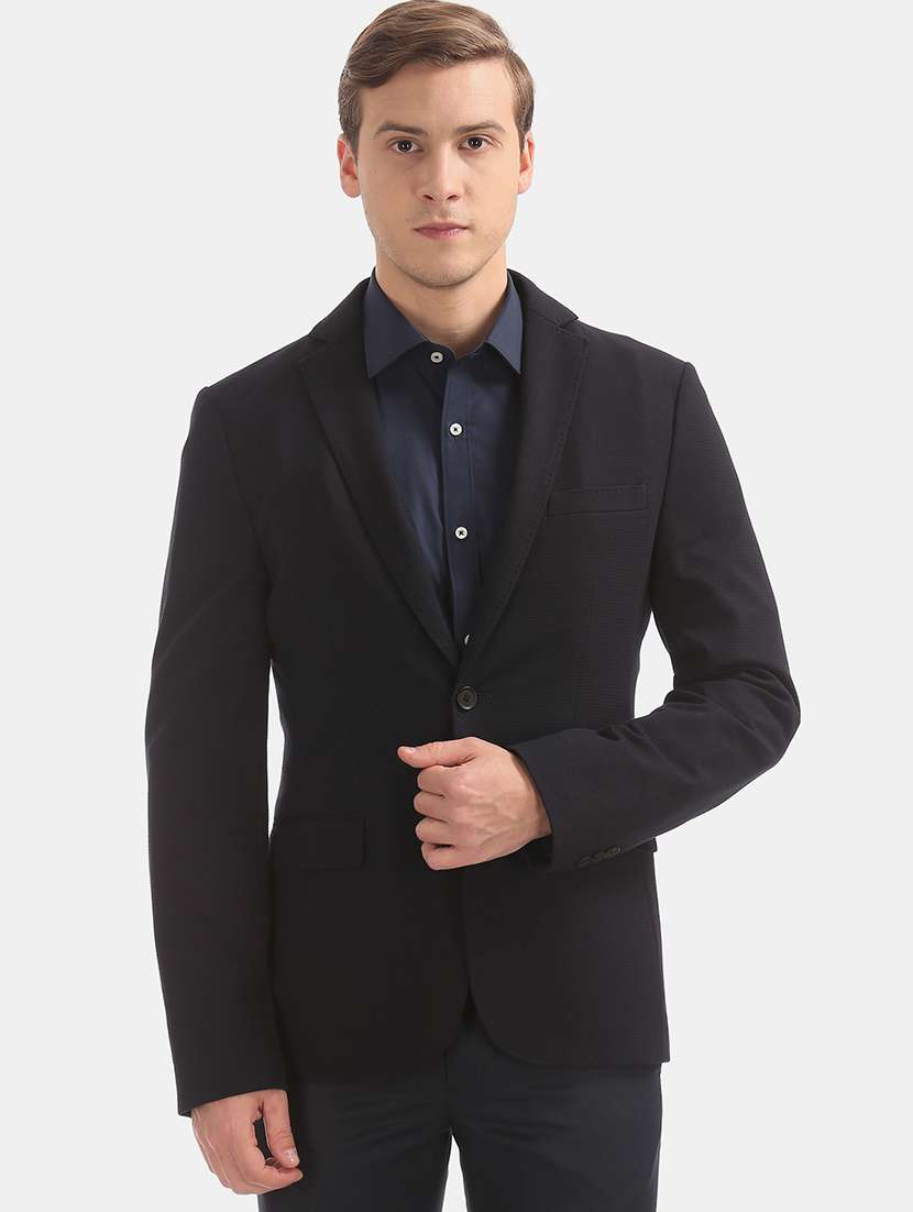navy blue solid single breasted formal blazer