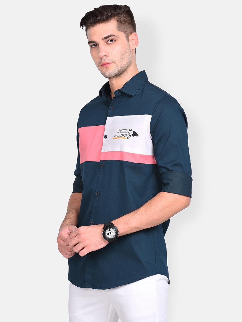 navy blue color block casual shirt - 17646878 - Standard Image - 1