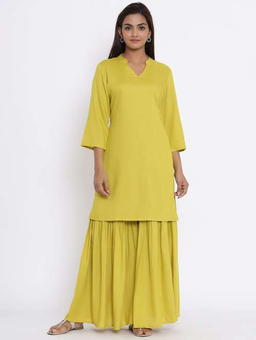 lime solid kurta sharara set - 17647275 -  Standard Image - 0