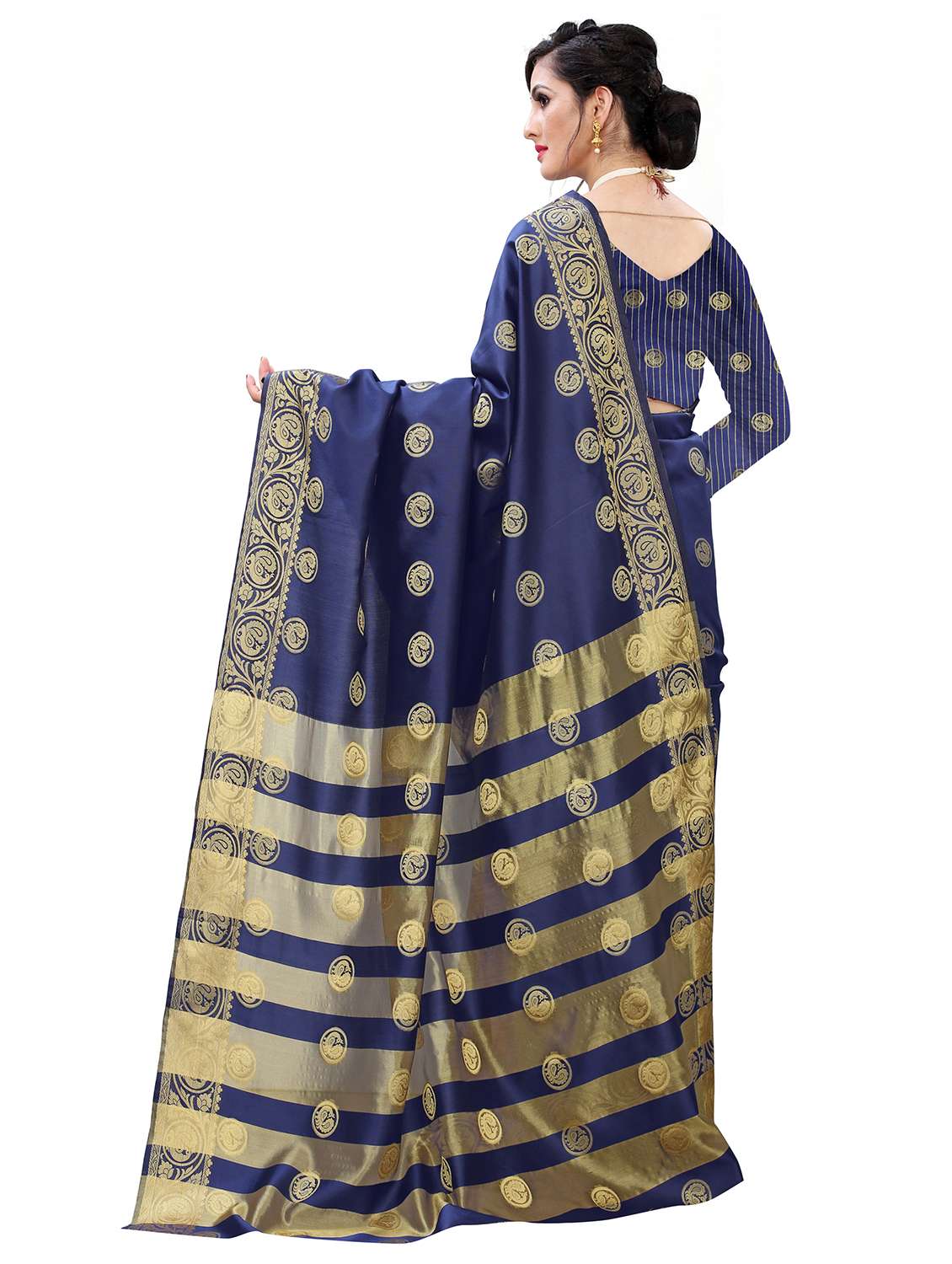 navy cotton blend saree with blouse - 17651270 - Standard Image - 1