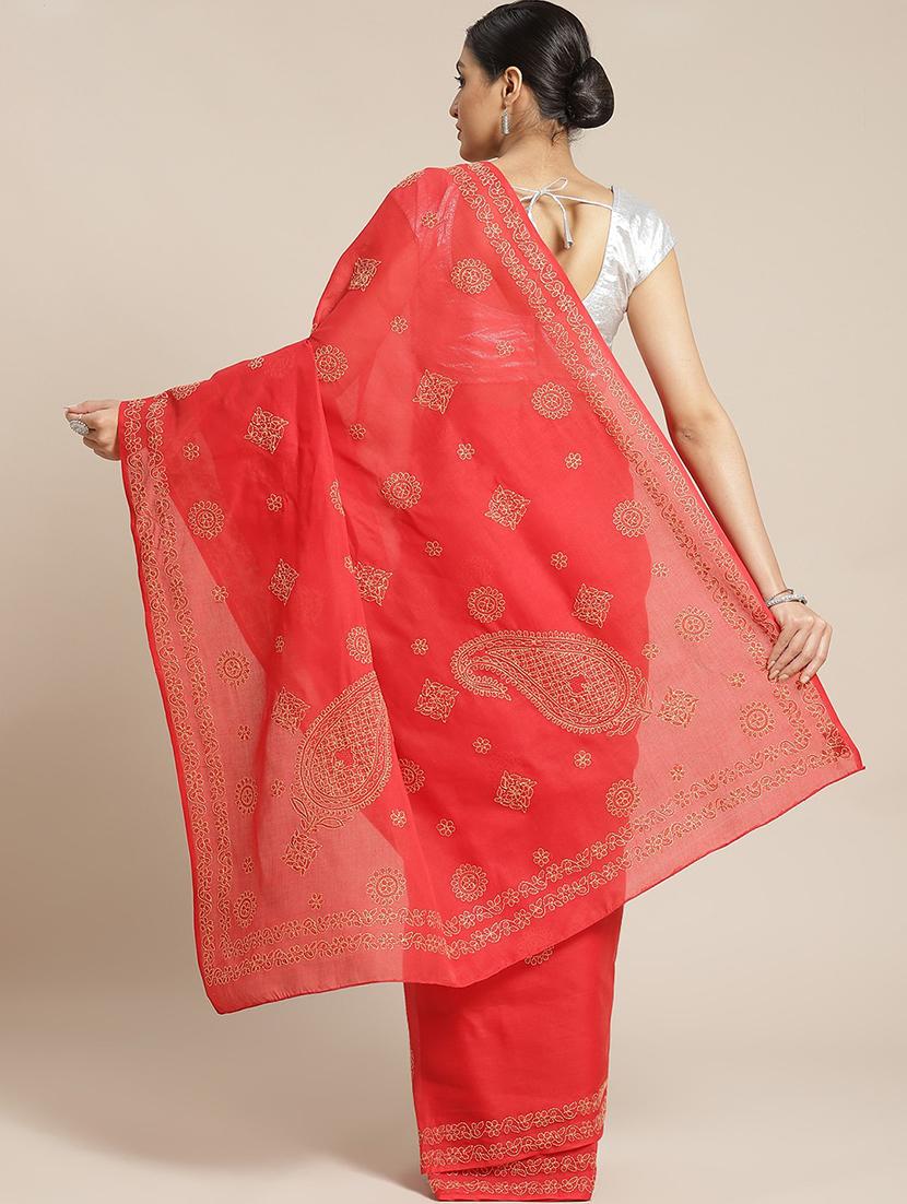 ada hand-embroidered red chikankari saree with blouse - 17652338 - Standard Image - 1
