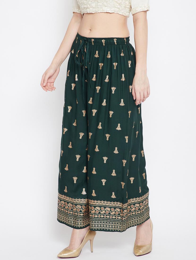 green rayon flared palazzo - 17656995 - Standard Image - 1