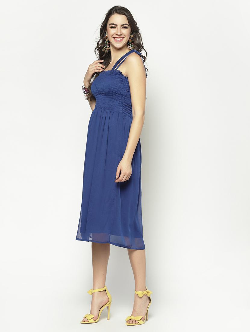 smocked detail solid midi dress  - 17661252 -  Standard Image - 1