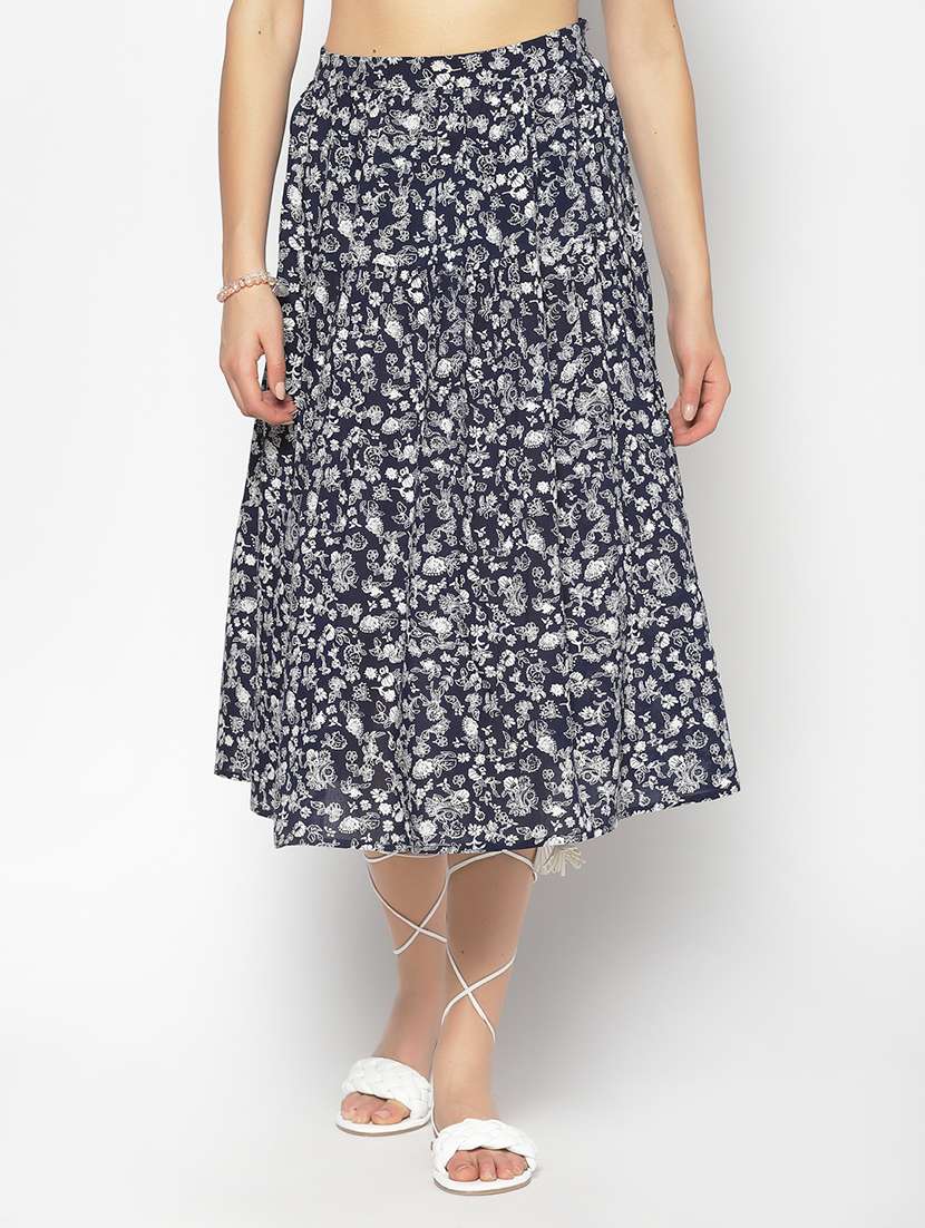 navy blue floral flared skirt