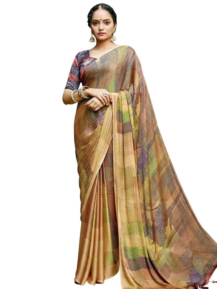 beige chiffon printed saree with blouse