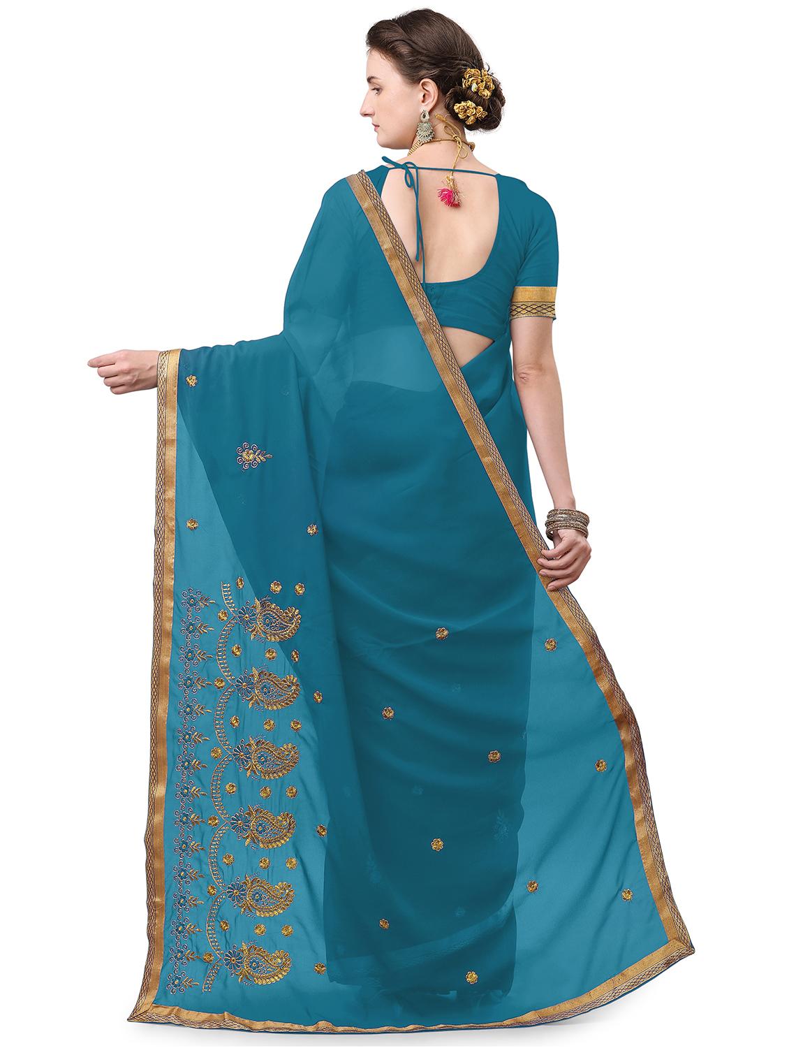 turquoise georgette embroidered saree with blouse - 17664507 - Standard Image - 1