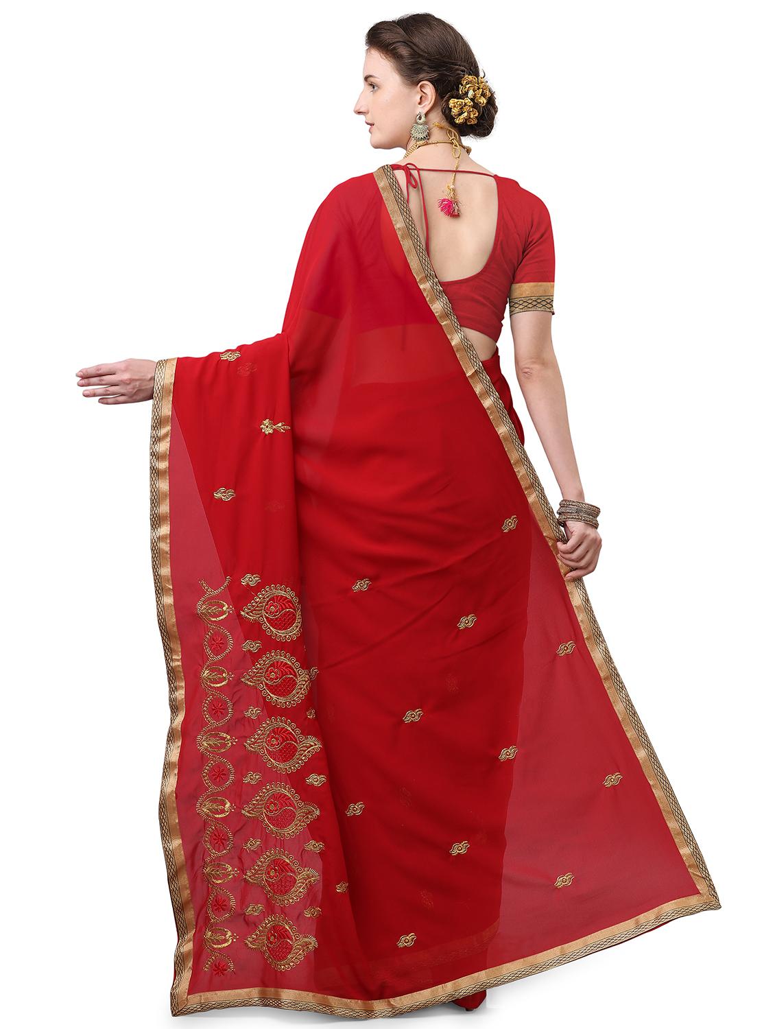 red georgette embroidered saree with blouse - 17664523 - Standard Image - 1