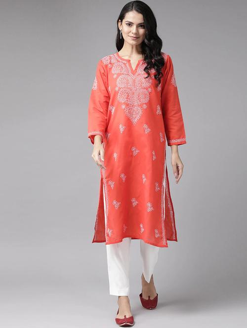 cotton orange chikankari knee length chikankari kurta - 17665891 - Standard Image - 0