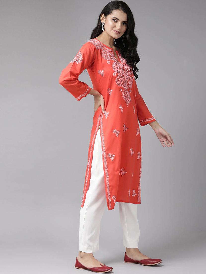 cotton orange chikankari knee length chikankari kurta - 17665891 - Standard Image - 1