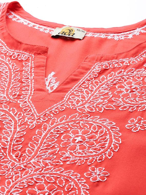 cotton orange chikankari knee length chikankari kurta - 17665891 - Standard Image - 4