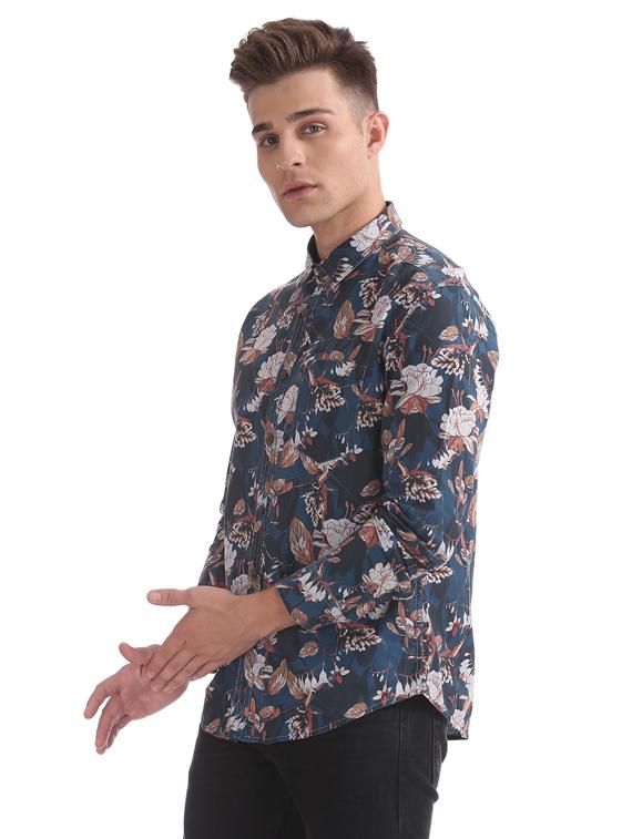 navy blue floral print casual shirt - 17668545 - Standard Image - 1