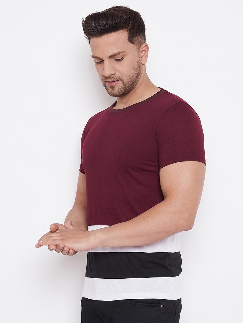 maroon color block cut & sew t-shirt - 17669499 - Standard Image - 1