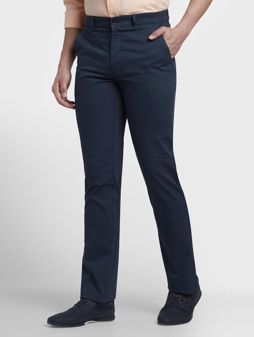navy blue solid flat front casual trouser - 17669652 -  Standard Image - 1