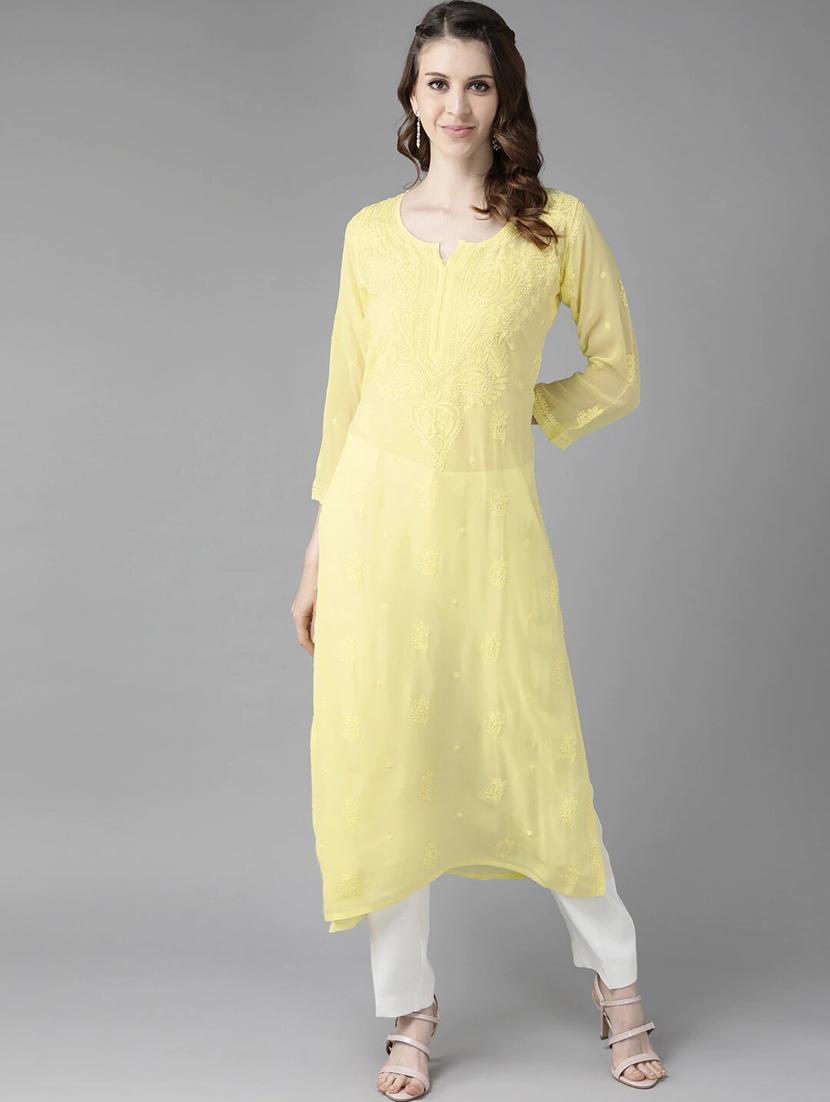 viscose knee length lemon sherbet color chikankari kurta - 17671434 -  Standard Image - 1
