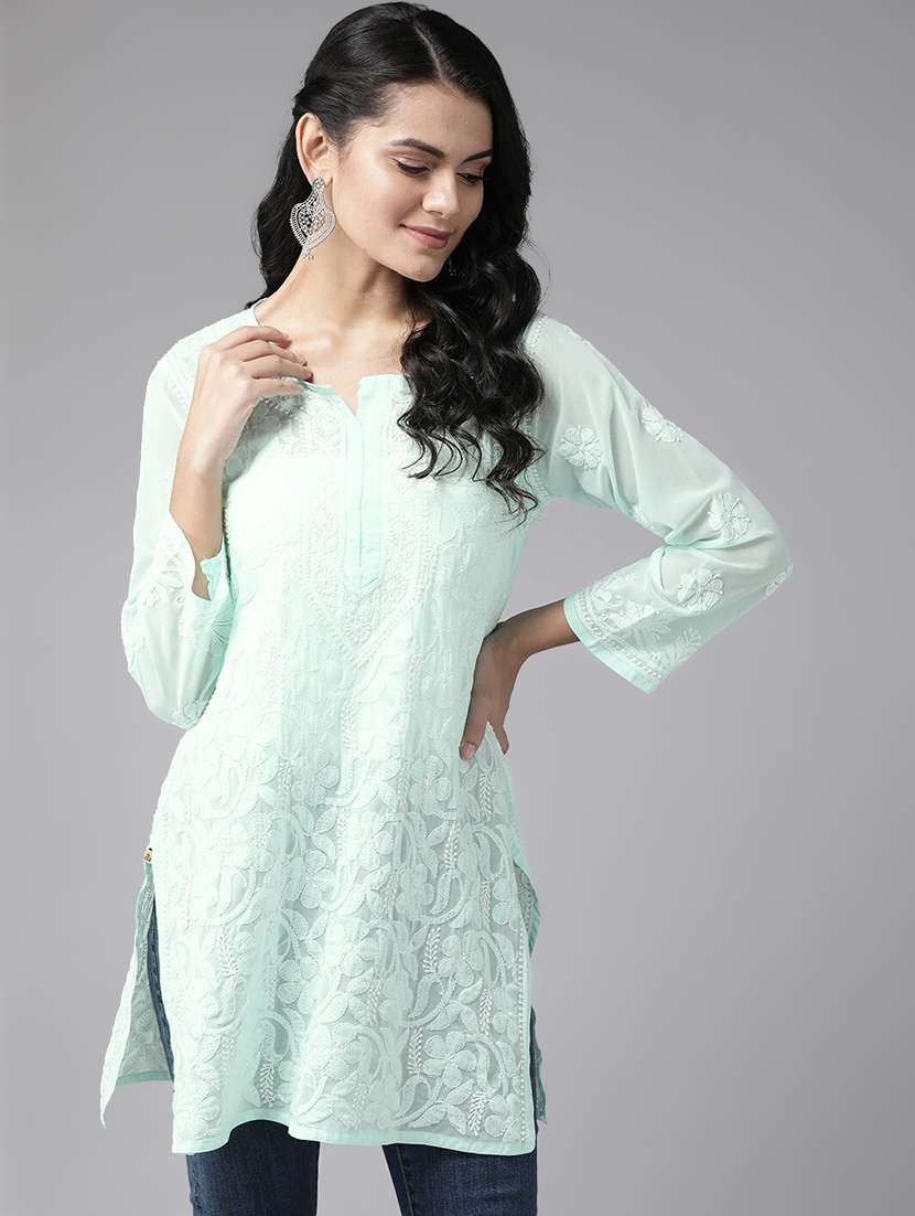 notch neck sea green chikankari kurti