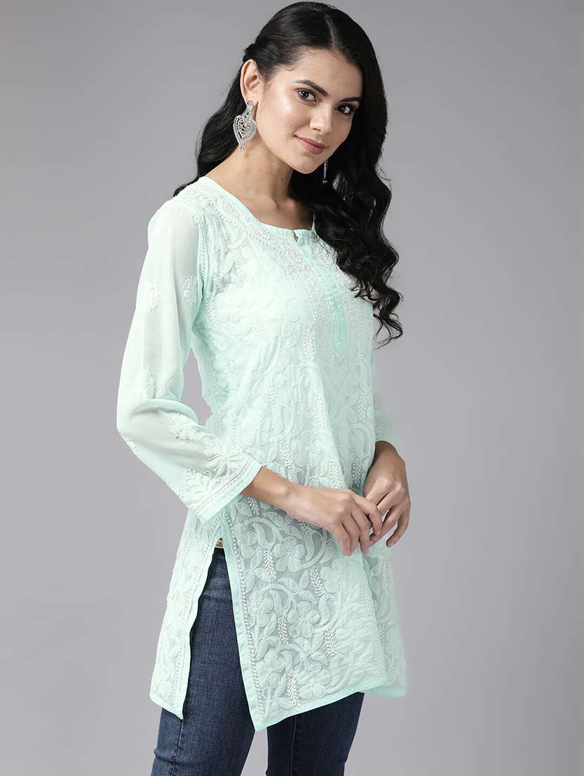 notch neck sea green chikankari kurti - 17678511 -  Standard Image - 1
