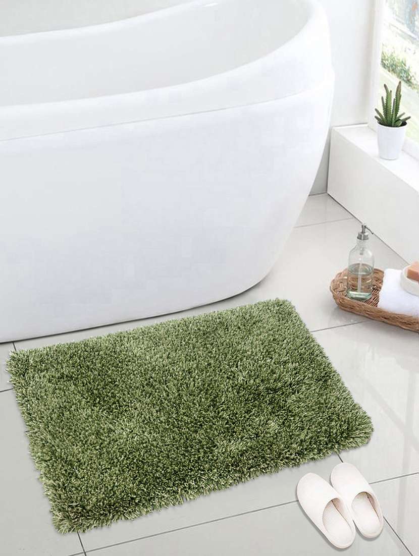 saral home green soft shaggy bathmat (50x80 cm)