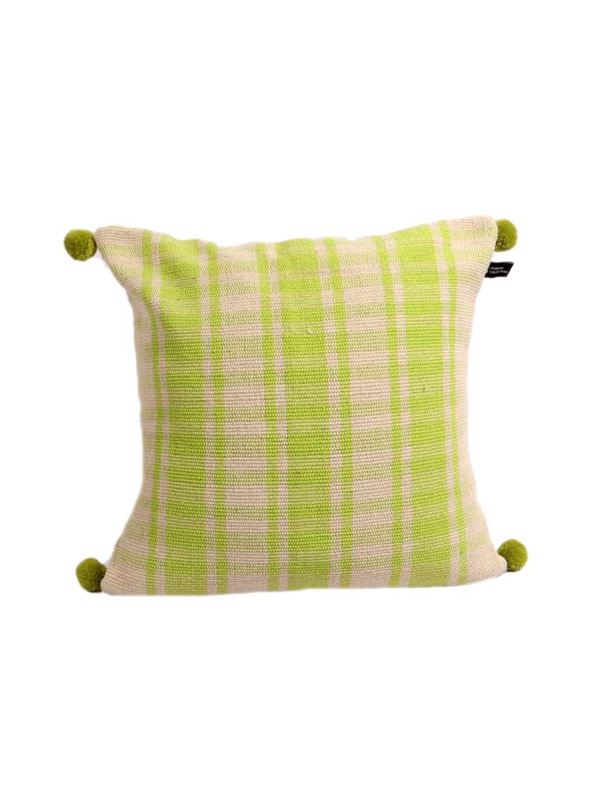 ambbi collections 16x16 inch woven cotton stripe cushion cover with plain cotton backing,with 04 pompom,pillow covers set of 02