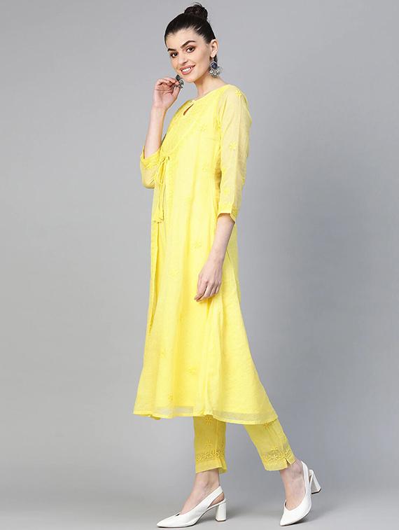 ada hand-embroidered yellow chikankari kurta pant set - 17679793 - Standard Image - 1