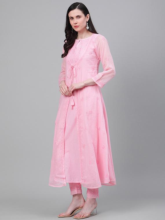 ada hand-embroidered pink chikankari kurta pant set - 17679794 - Standard Image - 1
