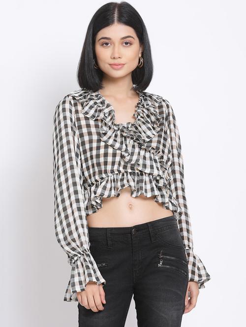 bell sleeved checkered crop top - 17680097 - Standard Image - 0